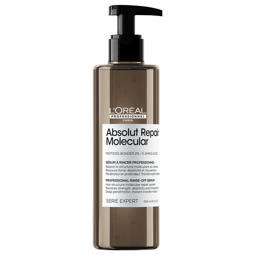 Absolut Repair Molecular es una línea creada por L´Oréal Professionnel para todo tipo de cabello dañado que logra reparar 2 años de daño en un uso. Este sérum de enjuague reconstruye la estructura molecular del cabello y restaura la fuerza logrando una transformación instantánea.