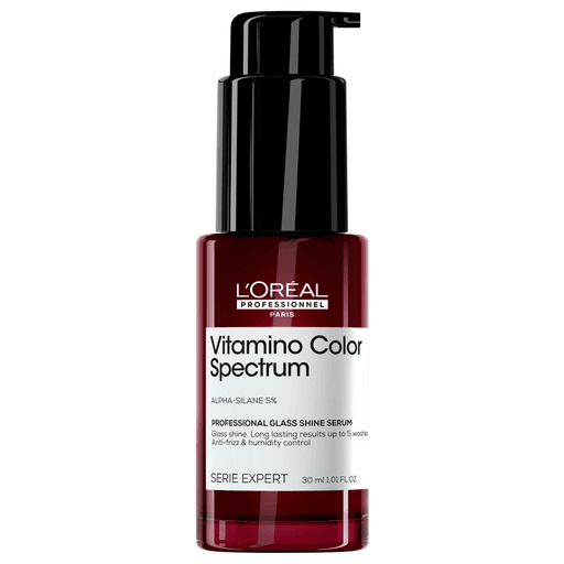 L'Oréal Professionnel Vitamino Color Spectrum Glass Shine es un sérum profesional diseñado para proporcionar un brillo espejo instantáneo al cabello coloreado. Formulado con Alfa-silano al 5%, recubre la fibra capilar, ofreciendo protección contra la humedad, el encrespamiento y el calor hasta 230°C.
