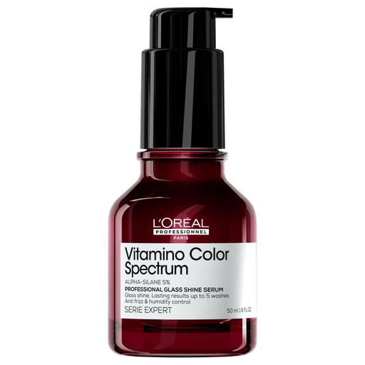 L'Oréal Professionnel Vitamino Color Spectrum Glass Shine es un sérum profesional diseñado para proporcionar un brillo espejo instantáneo al cabello coloreado. Formulado con Alfa-silano al 5%, recubre la fibra capilar, ofreciendo protección contra la humedad, el encrespamiento y el calor hasta 230°C.