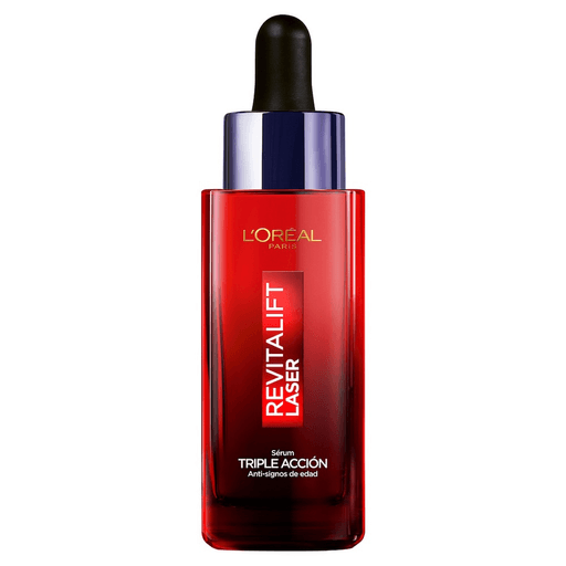 El Sérum Triple Acción Antiedad Revitalift Laser de L´Oréal Paris combina 3 Dermo-activos antiedad: Péptidos, Ácido Hialurónico y Vitamina Cg para reducir arrugas, reafirmar e iluminar la piel.