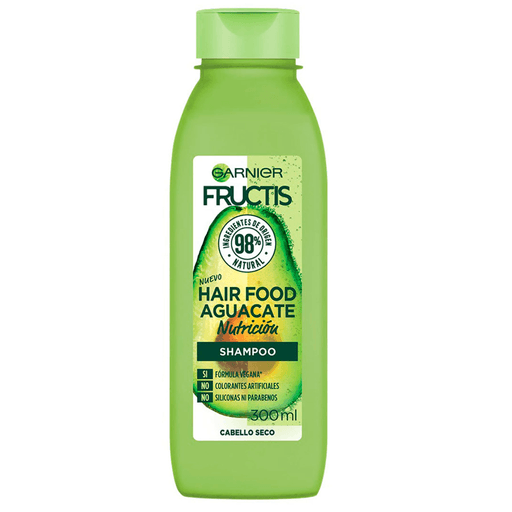 Shampoo Fructis Hairfood con palta para pelo seco y con 98% de Ingredientes de origen natural.