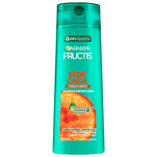 Con el Shampoo Stop Caída Crece Fuerte de Garnier Fructis podrás fortalecer tu cabello, su fórmula contiene Vitamina C, Naranja Sanguina y Taurina.