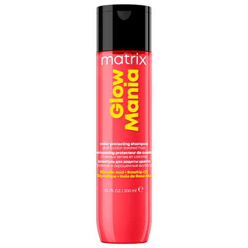 ¡No dejes que la vida apague tu brillo! Este shampoo Glow Mania protector del color de Matrix sin sulfatos, con ácido glicólico y aceite de rosa mosqueta, preserva la luminosidad de tu color y el brillo de tu cabello desde adentro hacia afuera durante 8 semanas. Limpia suavemente, dejando el cabello opaco y teñido protegido, más suave y brillante.