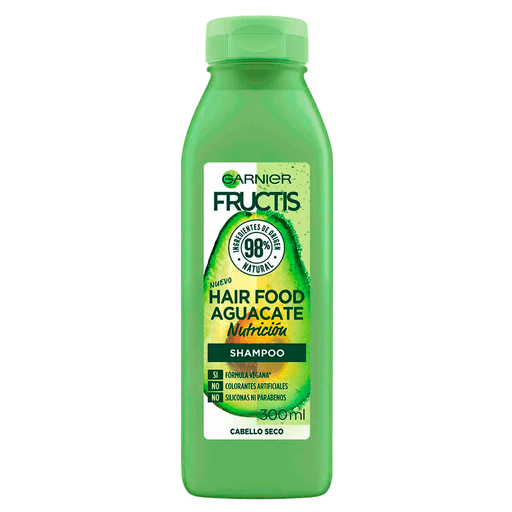 Shampoo Fructis Hairfood con palta para pelo seco y con 98% de Ingredientes de origen natural.