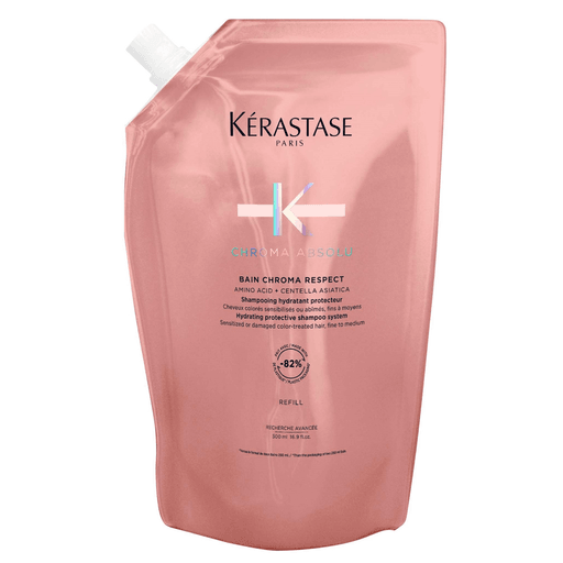 Bain Chroma Respect es un shampoo protector, suave e hidratante para cabello sensibilizado, teñido o dañado, adaptado especialmente para cabello fino y medio.