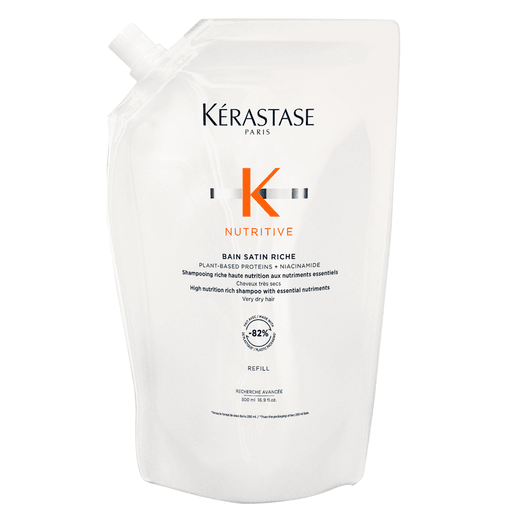 Nutritive Bain Satin Riche de Kérastase tiene una fórmula de alta nutrición que limpia profundamente y repara el cabello muy seco mientras repone la hidratación.
