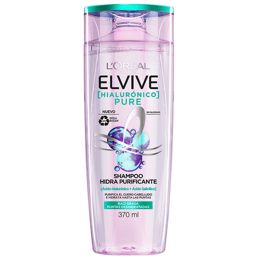 Shampoo L´Oréal Elvive Hialurónico Pure para obtener raíces totalmente purificadas, las puntas del cabello hidratadas y la grasa controlada.