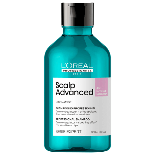 El shampoo Scalp Advanced Anti-Discomfort de L´Oreal Professionnel limpia con suavidad a la vez que calma el cuero cabelludo sensible, dejando el cabello suave, radiante e hidratado.