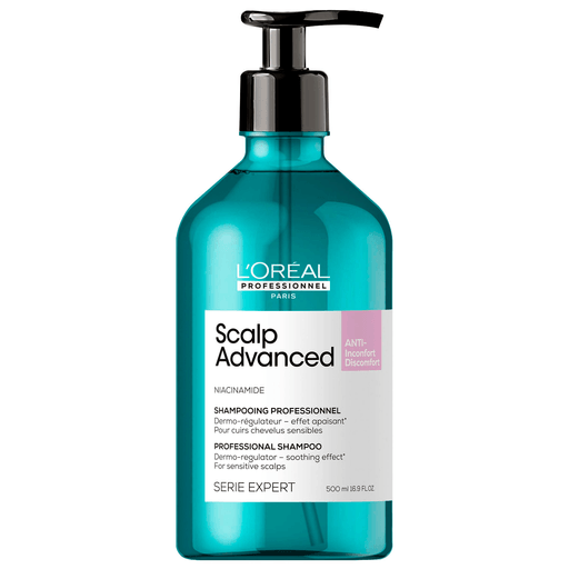 El shampoo Scalp Advanced Anti-Discomfort de L´Oreal Professionnel limpia con suavidad a la vez que calma el cuero cabelludo sensible, dejando el cabello suave, radiante e hidratado.