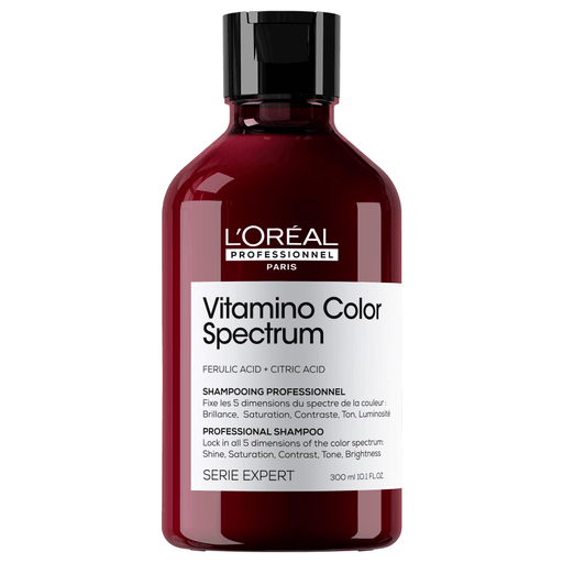 L'Oréal Professionnel Vitamino Color Spectrum te presenta este shampoo profesional diseñado para proteger y prolongar el color del cabello teñido. Con una fórmula enriquecida con ácido ferúlico y ácido cítrico, este shampoo ayuda a mantener el color vibrante hasta 100 días.