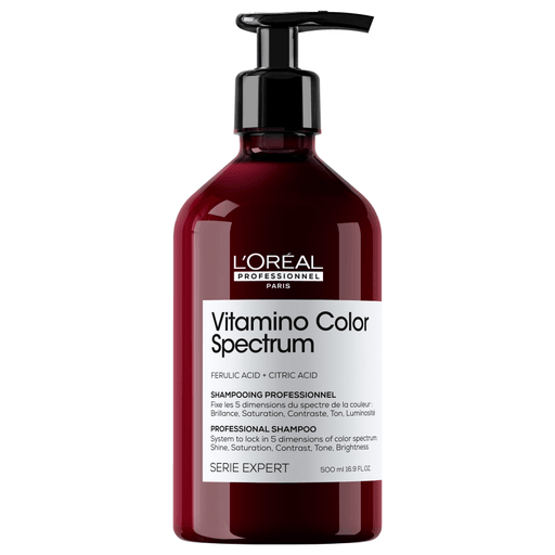 L'Oréal Professionnel Vitamino Color Spectrum te presenta este shampoo profesional diseñado para proteger y prolongar el color del cabello teñido. Con una fórmula enriquecida con ácido ferúlico y ácido cítrico, este shampoo ayuda a mantener el color vibrante hasta 100 días.