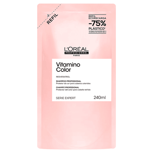 Vitamino Color es una fórmula profesional con resveratrol, potente polifenol, que protege el color de la decoloración por hasta 8 semanas, y la fibra de los daños para un cabello teñido perfecto.