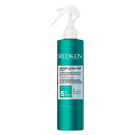 Este spray densificante Acidic Grow Full aporta volumen y cuerpo al instante, fortalece el cabello y deja una sensación ligera sin efecto graso, mientras brinda protección térmica hasta 230 °C. Su fórmula con pH equilibrado, enriquecida con ácido azelaico, cafeína y prebióticos, ayuda a conseguir un cabello visiblemente más denso desde la primera aplicación.