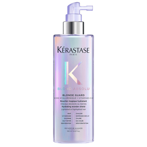 Blond Absolu Blonde Guard es un innovador escudo protector hidratante en spray sin enjuague, formulado para proteger todo tipo de rubios de sus principales agresores: calor, daños por UV, cloro, agua salada y deshidratación.