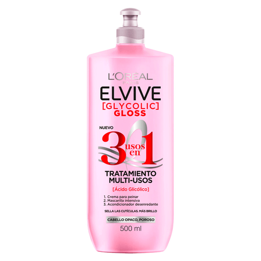 El tratamiento 3 en 1 Glycolic Gloss mejora visiblemente la calidad del pelo y le da hasta 3 veces más brillo, gracias a su fórmula con Ácido Glicólico que rellena los defectos de la fibra capilar y combate la porosidad.