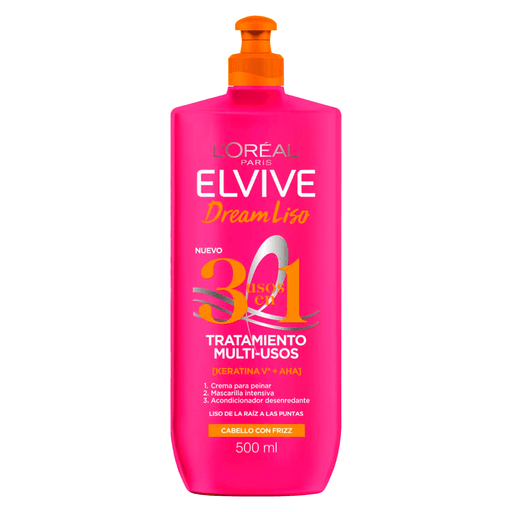 L'Oreal Dream Liso te brinda este Tratamiento 3 en 1 Multiusos para que lo puedas usar como crema de peinar, acondicionador o tratamiento intensivo. Gracias a su extraordinaria fórmula con Keratina V y AHA, nutre y reestructura la fibra capilar, restaurando el equilibrio natural del cabello. Decile adiós al daño, remové la suciedad y olvidate del molesto frizz con cada uso. Disfrutá de un cabello sedoso, saludable y con un impecable liso.